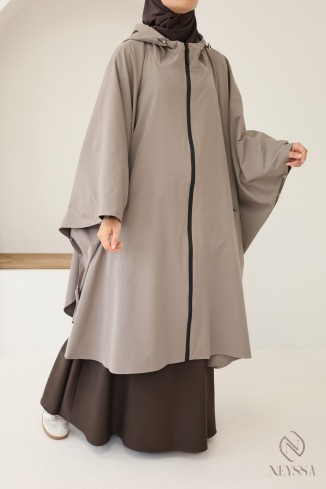 Poncho taupe déperlant grande taille, avec capuche et fermeture zip