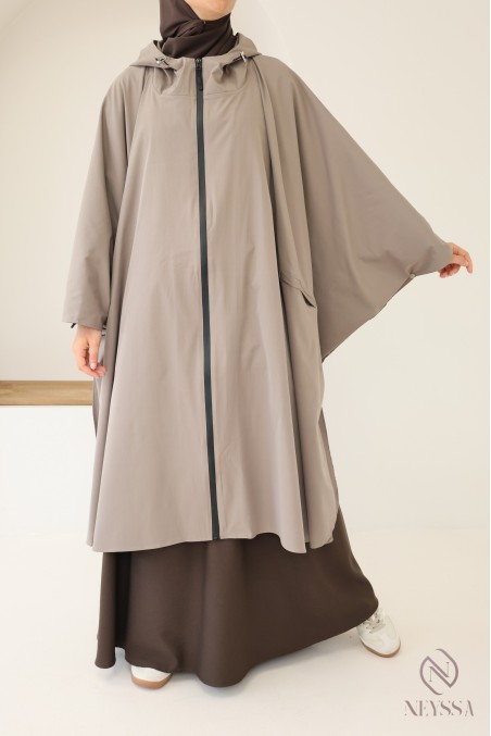 Large water-repellent taupe poncho with hood and zip fastening