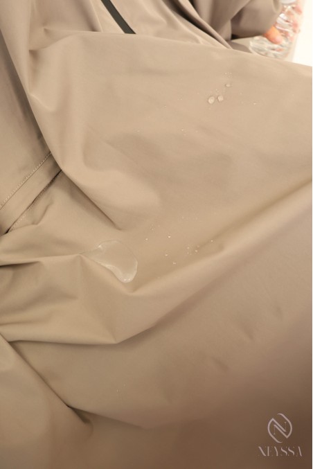 Large water-repellent taupe poncho with hood and zip fastening