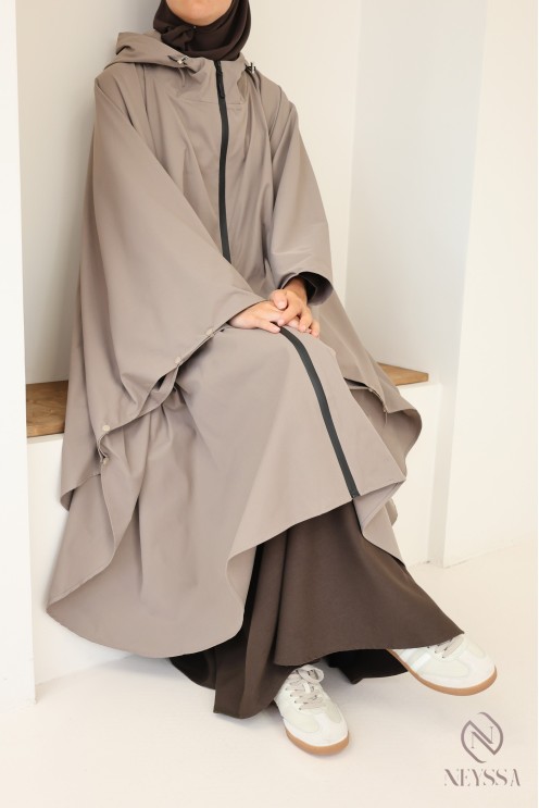 Poncho taupe déperlant grande taille, avec capuche et fermeture zip