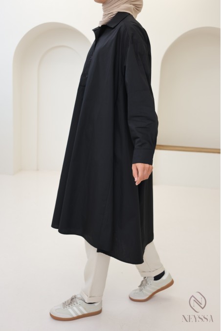 Blouse longue oversize col V en coton pour femme voilée