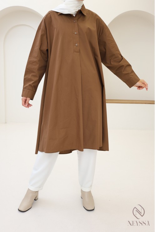 Blouse longue oversize col V en coton pour femme voilée