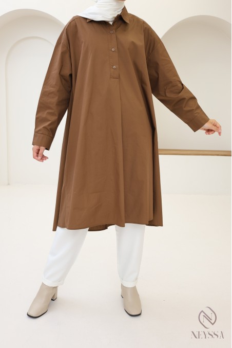 Blouse longue oversize col V en coton pour femme voilée