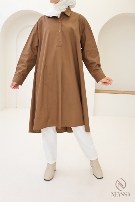 Long oversized V-neck cotton blouse for veiled women