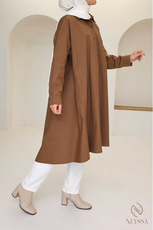 Blouse longue oversize col V en coton pour femme voilée