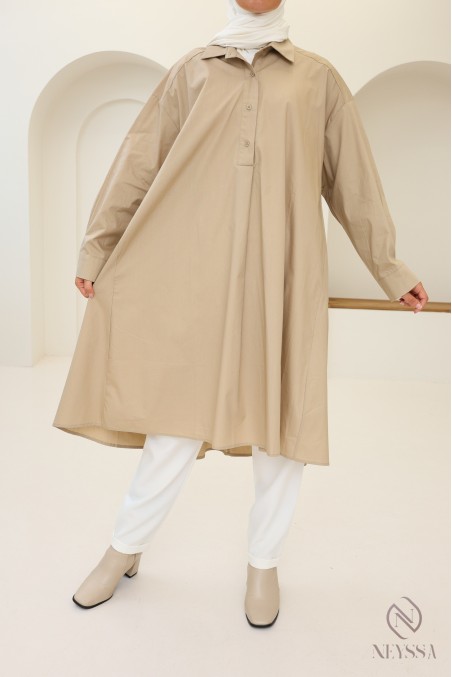 Blouse longue oversize col V en coton pour femme voilée