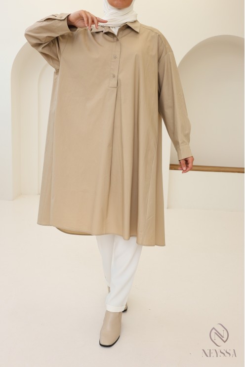 Blouse longue oversize col V en coton pour femme voilée