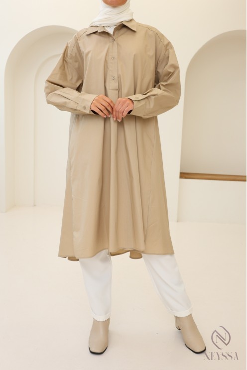 Blouse longue oversize col V en coton pour femme voilée