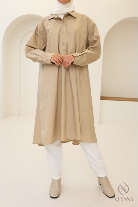 Long oversized V-neck cotton blouse for veiled women