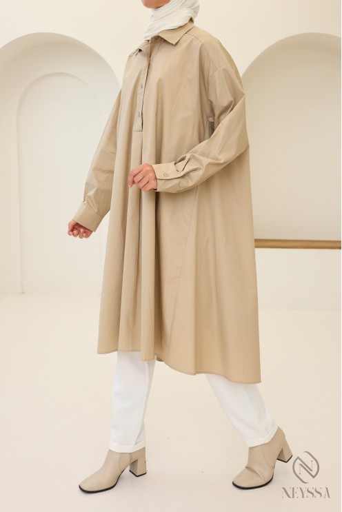 Blouse longue oversize col V en coton pour femme voilée