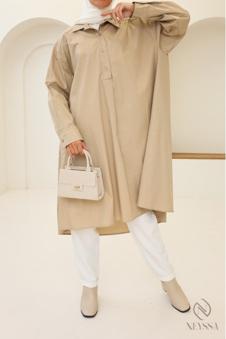 Long oversized V-neck cotton blouse for veiled women