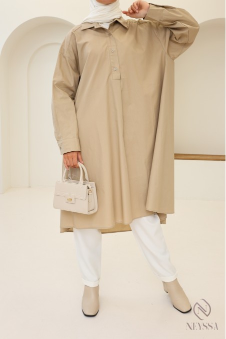 Long oversized V-neck cotton blouse for veiled women