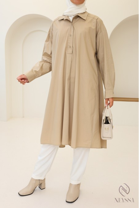 Long oversized V-neck cotton blouse for veiled women