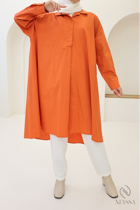 Long oversized V-neck cotton blouse for veiled women