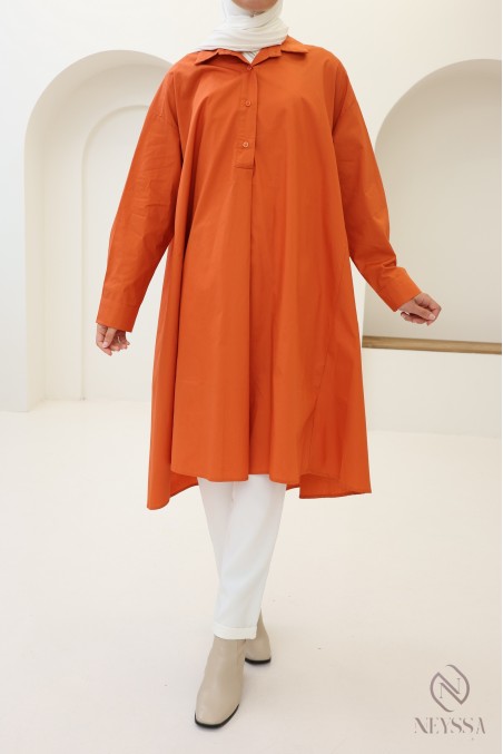 Long oversized V-neck cotton blouse for veiled women