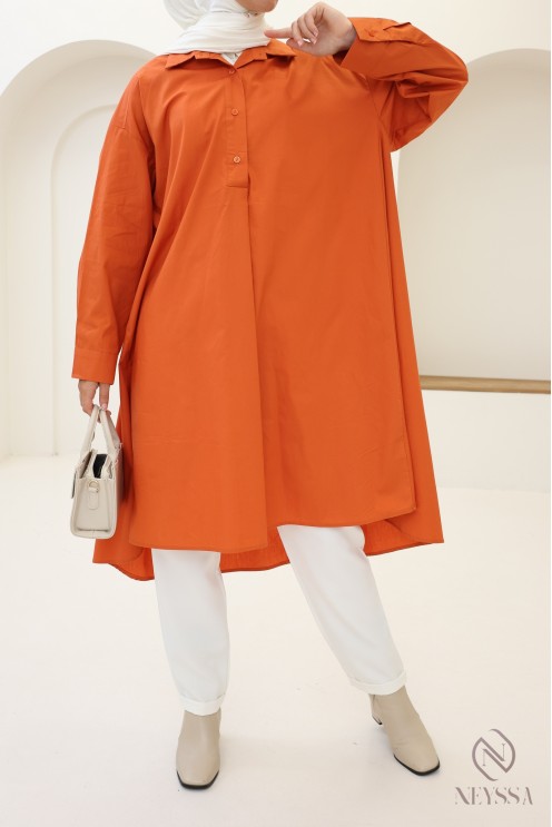 Blouse longue oversize col V en coton pour femme voilée