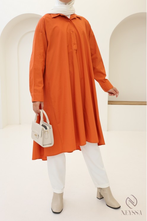 Long oversized V-neck cotton blouse for veiled women