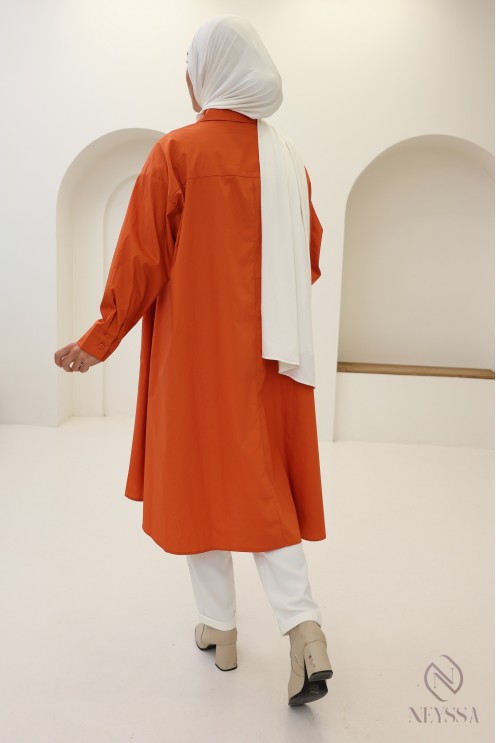 Blouse longue oversize col V en coton pour femme voilée