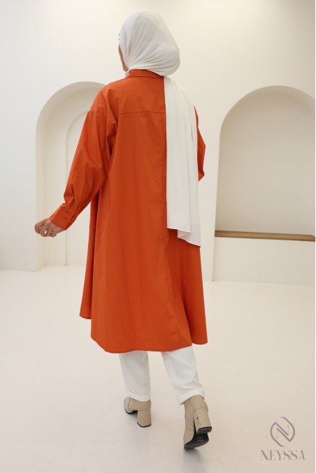 Lange Oversize-Bluse mit V-Ausschnitt aus Baumwolle für Damen