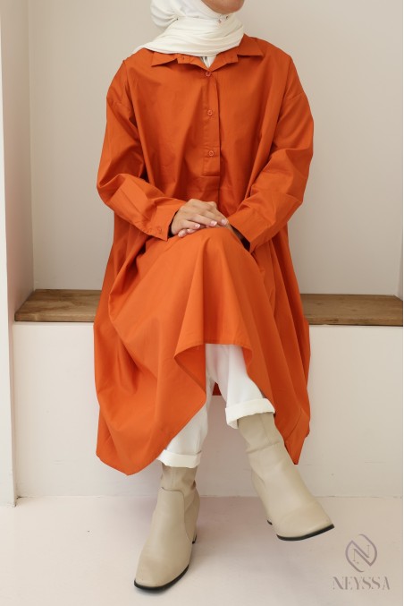 Blouse longue oversize col V en coton pour femme voilée