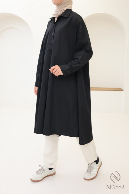 Blouse longue oversize col V en coton pour femme voilée