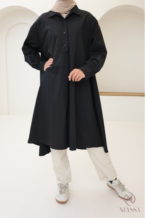 Blouse longue oversize col V en coton pour femme voilée