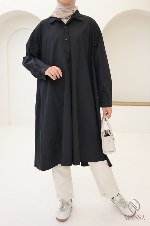 Blouse longue oversize col V en coton pour femme voilée