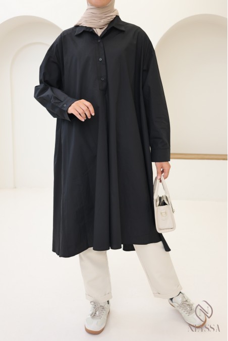 Blouse longue oversize col V en coton pour femme voilée