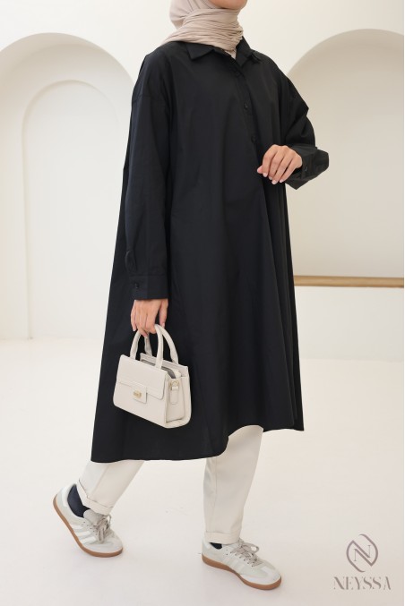 Long oversized V-neck cotton blouse for veiled women