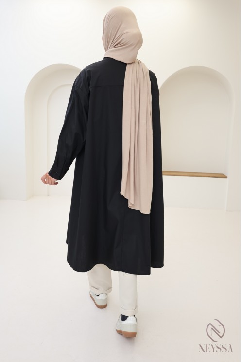 Long oversized V-neck cotton blouse for veiled women