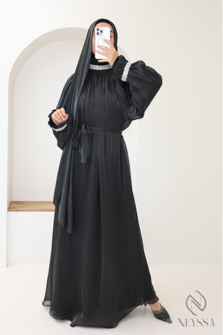 Abaya Dubaï 4 pièces avec hijab inclus en organza femme voilée