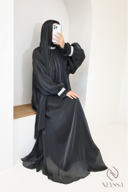 Abaya Dubaï 4 pièces avec hijab inclus en organza femme voilée