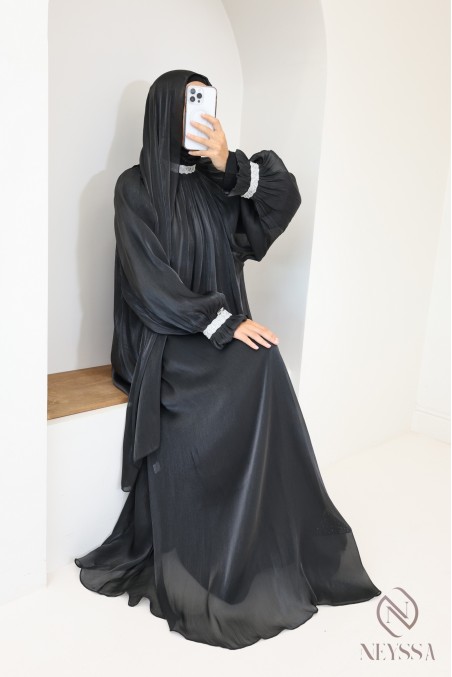 Abaya Dubaï 4 pièces avec hijab inclus en organza femme voilée