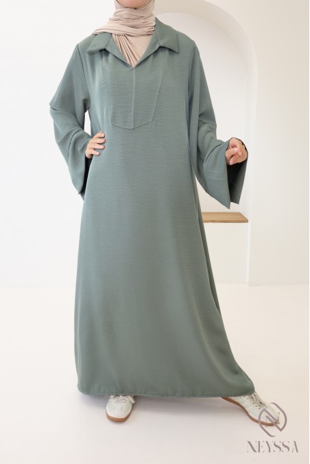 Abaya longue femme hijabi tissu fluide col chemise avec poches