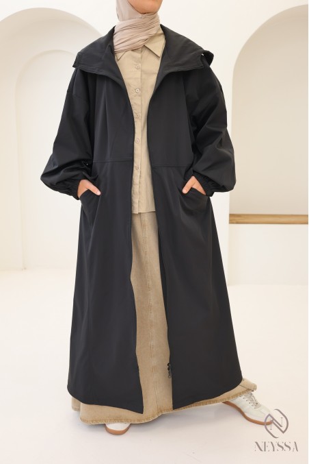 Parka longue style sportwear tissu coupe vent, à capuche femme hijabi