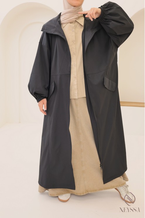 Parka longue style sportwear tissu coupe vent, à capuche femme hijabi