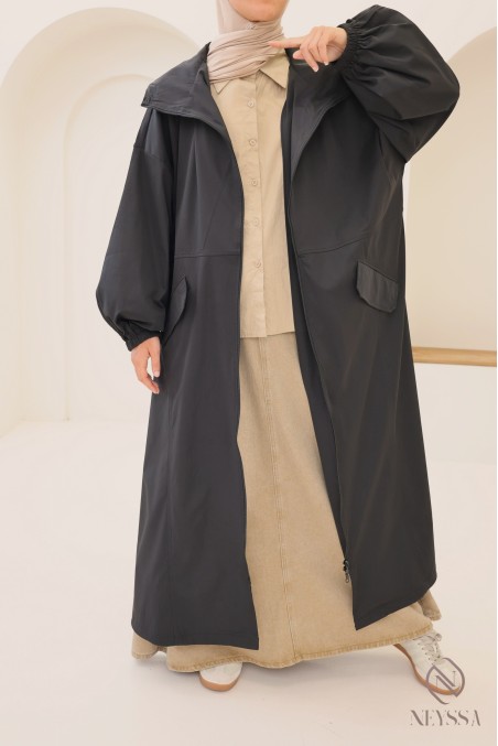 Parka longue style sportwear tissu coupe vent, à capuche femme hijabi