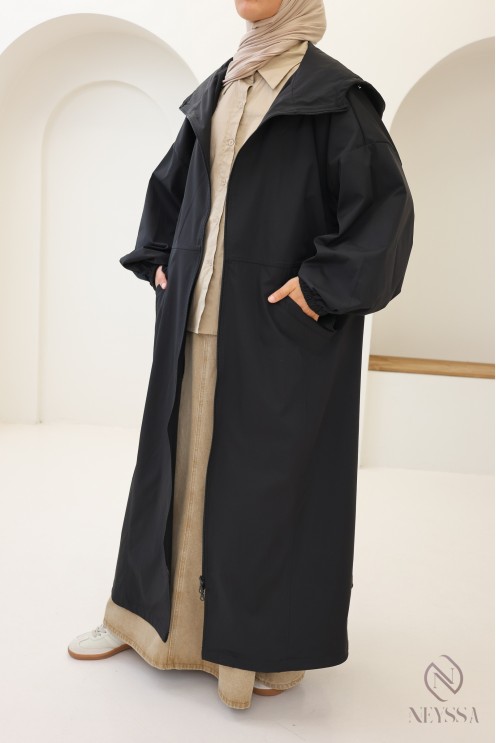 Parka longue style sportwear tissu coupe vent, à capuche femme hijabi