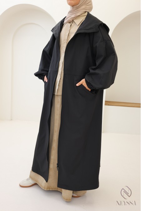 Parka longue style sportwear tissu coupe vent, à capuche femme hijabi