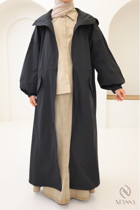 Parka longue style sportwear tissu coupe vent, à capuche femme hijabi