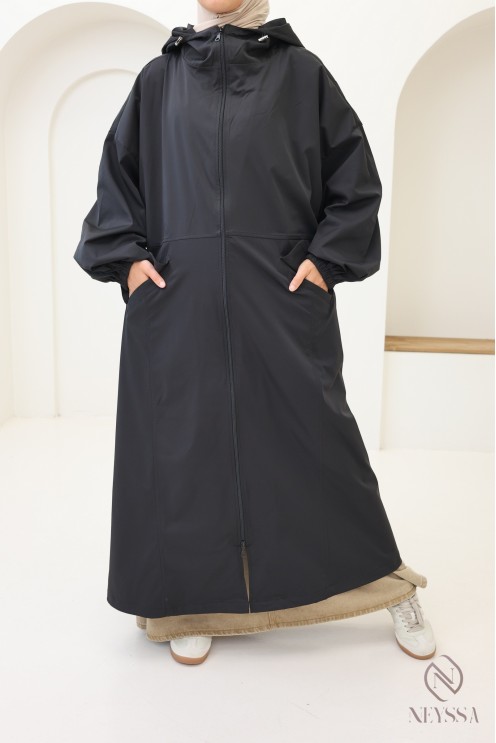 Parka longue style sportwear tissu coupe vent, à capuche femme hijabi
