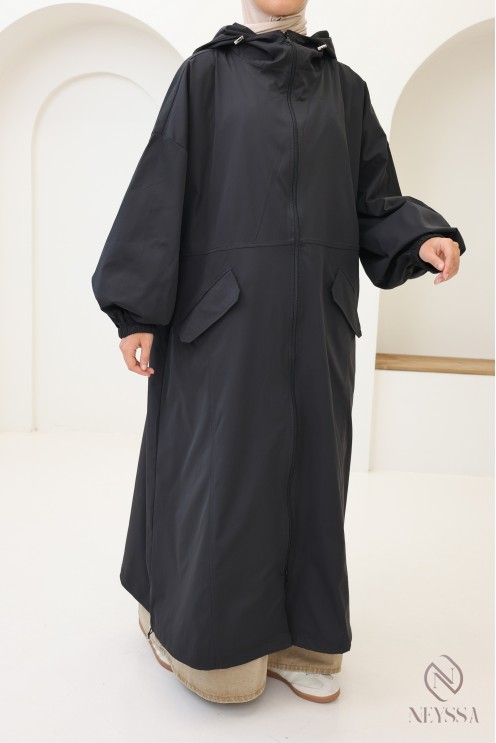 Parka longue style sportwear tissu coupe vent, à capuche femme hijabi