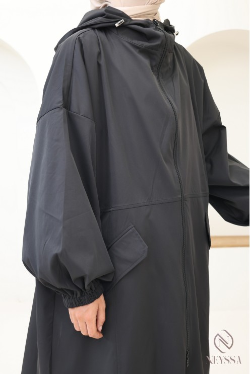 Parka longue style sportwear tissu coupe vent, à capuche femme hijabi