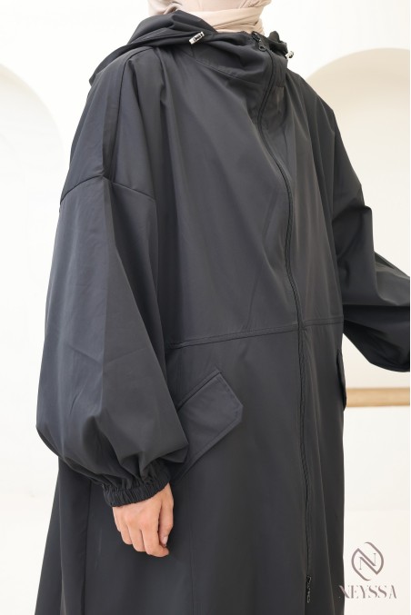Parka longue style sportwear tissu coupe vent, à capuche femme hijabi