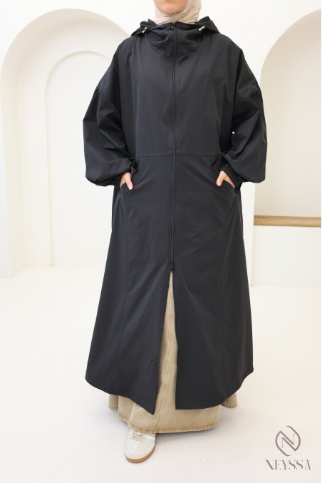 Parka longue style sportwear tissu coupe vent, à capuche femme hijabi
