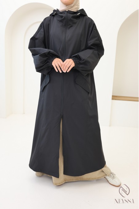 Long sportswear-style parka in windproof fabric with a hood for hijabi