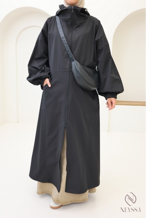 Parka longue style sportwear tissu coupe vent, à capuche femme hijabi