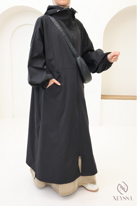 Parka longue style sportwear tissu coupe vent, à capuche femme hijabi