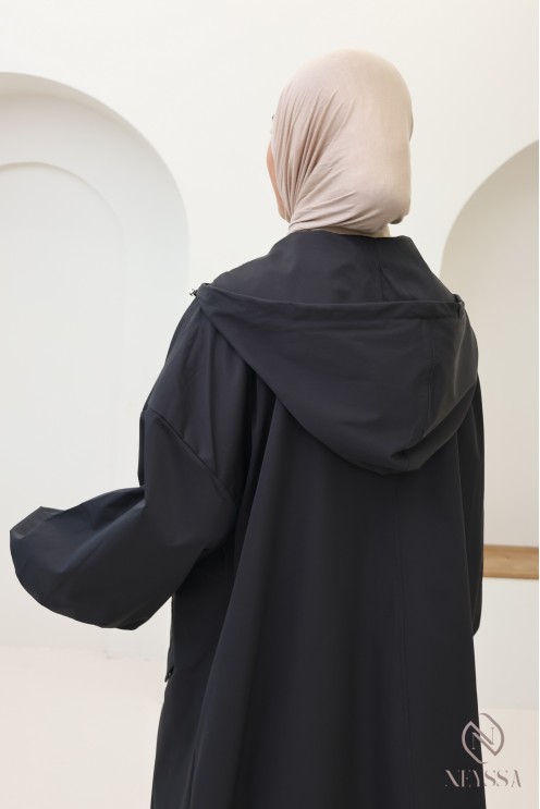 Long sportswear-style parka in windproof fabric with a hood for hijabi