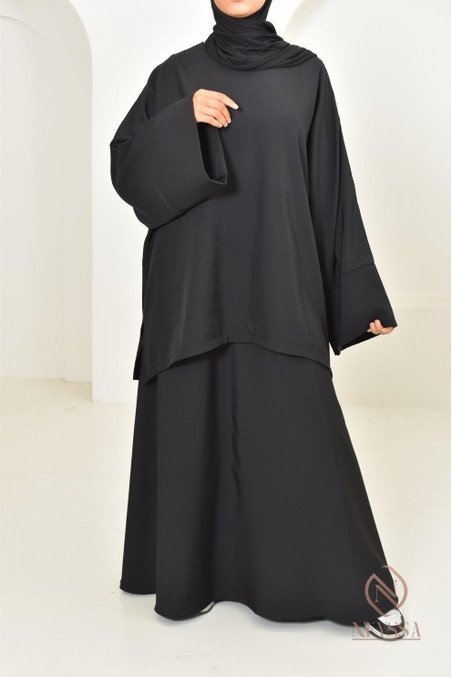 2-piece modern long skirt tunic set in black, ideal for veiled women
